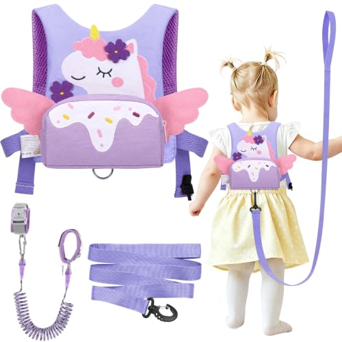 Image of Dr.meter 3 in 1 Toddler Harness Leash with Key Lock for Girls Cute Unicorn | Kid Safety Harness Tether for Girl+ 8.2ft Anti Lost Wrist Link Child Protective Leashes While Walking for Outdoor Activity