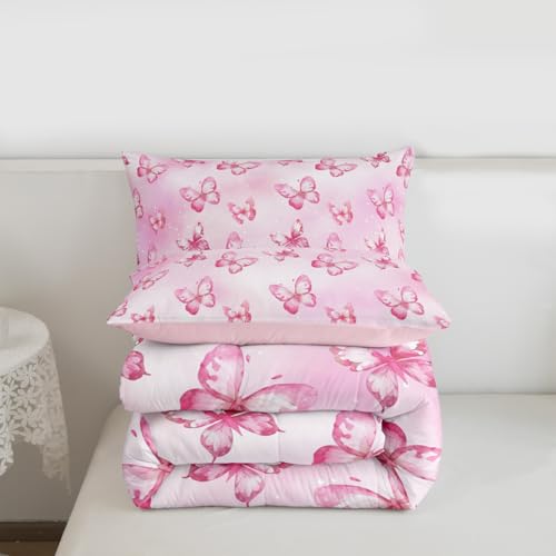 Image of Erosebridal Pink Butterfly Comforter Set for Kids Boys Girls 3D Pink Dreamy Butterfly Bedding Colorful Ink Stick Printing Duvet Set All Season Microfiber Comforter Queen with 2 Pillowcases