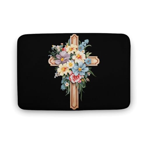 Christian Cross with Flowers Coral Velvet Rugs Non-Slip Bathroom Rugs Soft Kitchen Rug Floor Carpet for Home Decor 19.7