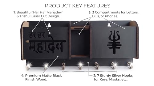 Image of Premium Wooden Har Har Mahadev & Trishul Key Holder for Wall | 7 Hooks Key Hanger with 3 Compartments for Mobile, Mail & Wallet | Lord Shiva Spiritual Wall Organizer for Home Decor & Office
