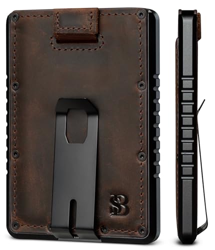 SERMAN BRANDS Metal Wallet - Slim RFID Blocking Wallet for Men with Money Clip - Metal Minimalist Front Pocket Wallet - Thin and Compact – Full Grain Leather Card Holder for Men - Texas Brown Raptor