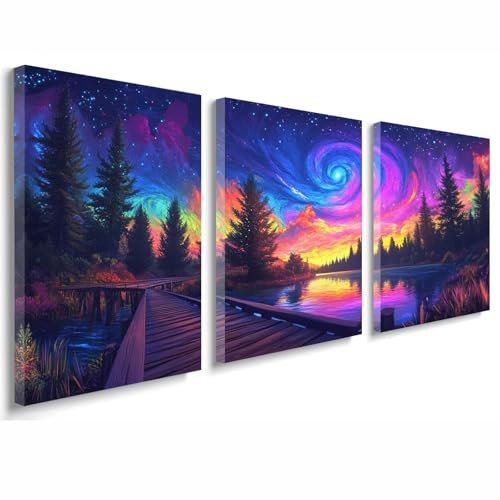 Cuadros Decoracion Salon Modernos, 3 Pcs Marco de Madera Cuadros Paisaje Posters para Pared Lienzo Pintura Cielo estrellado Wall Art Imagen Decoracion Dormitorios Cocina Baño Pasillo 50x70 cm 1f-687