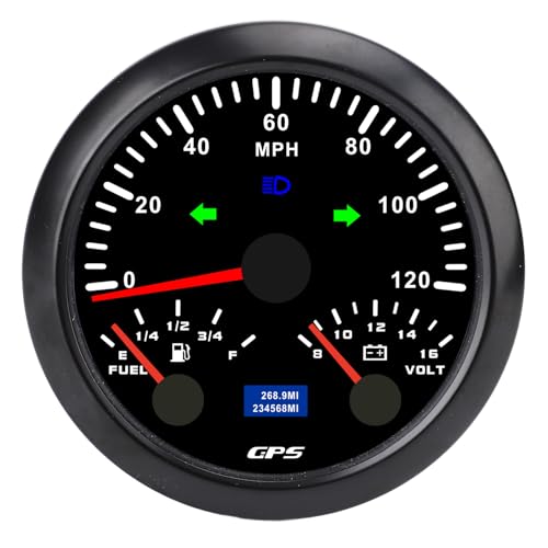 3-3/8in 3-3/8in, DC 9-32V 3 in 1 Boat Voltage Caliber 7 Background Light 120 Mph for Yacht House of Rolling Houses (Black Dial Black Bezel CX8307B)