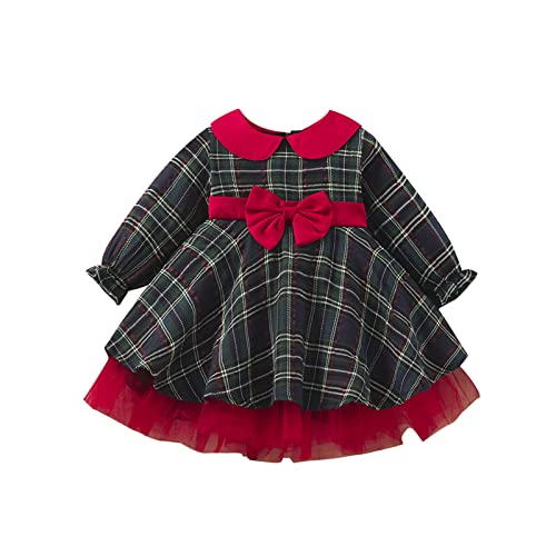 Mädchen Weihnachtskleid Baby Kariert Prinzessin Kleid Patchwork Langarm Rundhals Tüllkleid mit Schleife Weihnachten Baby Kleidung Festlich Kleinkind Otufit (Rot, 4-5 Years) Cover