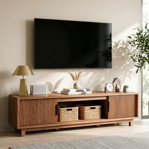 Alpen Fluted TV Stands for Living Room, 58" Mid Century Modern Entertainment Center with Storage, Brown Walnut TV Console for 55/60/65 Inch TV, Wood Television Media Cabinet for Bedroom