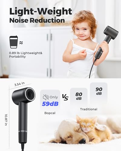 Image of Bopcal Ionic Hair Dryer, 160000 RPM Brushless Motor, Smart Thermo-Control, Negative Ion Fast Drying, Quiet Lightweight Blow Dryer, Cold Air & 4 Heat Settings, for Home Travel Salon (Black)