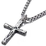 925 Sterling Silver Crucifix Necklace Men - Oxidized Sterling Silver Carved Jesus Cross Pendant with Stainless Steel Box Chain Catholic Crucifix Necklaces Christian Jewelry for Brother 24 in