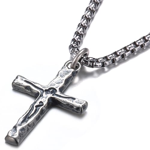 MUSECLOUD 925 Sterling Silver Crucifix Necklace Men - Oxidized Sterling Silver Carved Jesus Cross Pendant with Stainless Steel Box Chain Catholic Crucifix Necklaces Christian Jewelry for Father 22 in