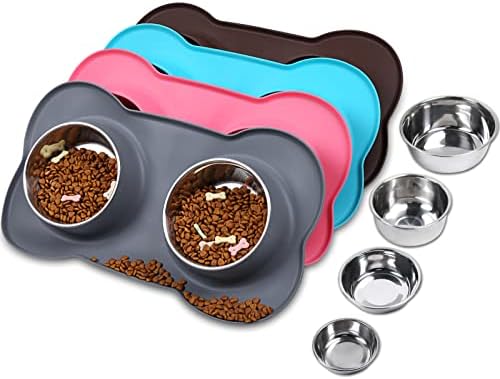 VIVAGLORY Dog Bowls Stainless Steel Water and Food Puppy Cat Bowls with Non Spill Skid Resistant Silicone Mat, Large, Grey