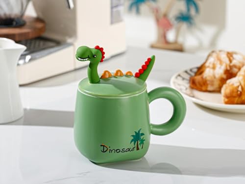 Image of Coffee Mug, Gift for Woman, Birthday Present for Girlfriend, Present for Wife Birthday, Mugs for Present, Holi Gifts, Panda Mug with Lid & Spoon (Dinosaur Green)