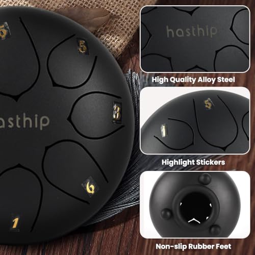 Image of HASTHIP Steel Tongue Drum 8 Note, 6 inch Percussion Instrument Handpan Drum with Bag, Music Book and Mallets for Kids and Adults Meditation Musical Education Concert Mind Healing Yoga (Black)