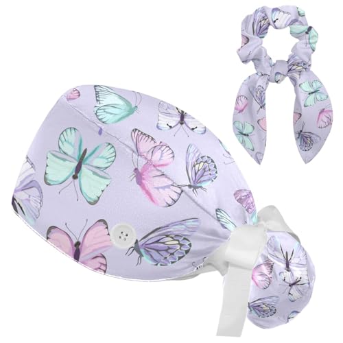 Image of Butterfly Scrub Cap Women with Ponytail & Buttons Adjustable Surgical Nurse Hat with Cotton Sweatband for Long Hair