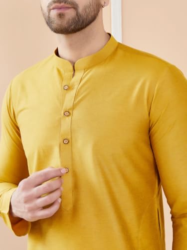 Image of See Designs Men Full Sleeve Sleeve Side Slit Mandarin Collar Cotton Solid Straight Kurta with Pyjama