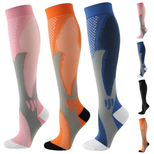 Compression Socks for Women Men Circulation Knee High 3 Pairs for Nurses, Running, Travel, Athletic, Dark Blue Orange Pink
