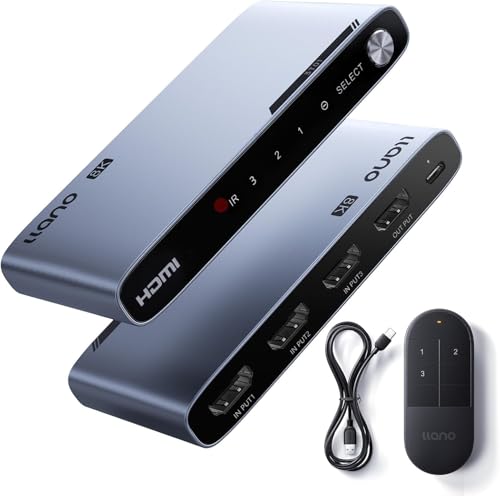 llano HDMI 2.1 Switch 8K@60Hz 3 in 1 Out mit IR Fernbedienung Unterstützt 48Gbit/s 4K@120Hz/ 240Hz HDR10+ Dolby Atmos CEC Aluminiumlegierung Switch für Apple TV/PS5/Xbox/Roku/Fire Stick usw.