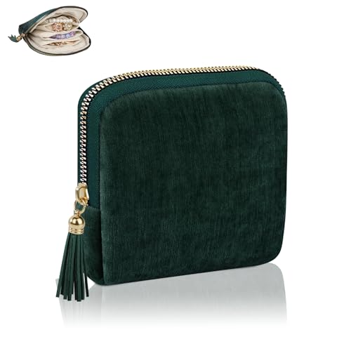 Pequeño Bolsa para Joyas Joyero Viaje para Mujers Niñas Cajitas Regalo Pequeñas Navidad Cumpleaños Aniversario Bolsita de Tela para Joyas con 5 Comparti Estuche Organizador Anillos Pulseras(Verde)