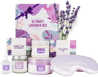 Pamper Gift Set for Women, Lavender Relaxation Self Care Spa Hamper, 7pc Wellbeing Present with Bath Salts, Soap and Body Scrub