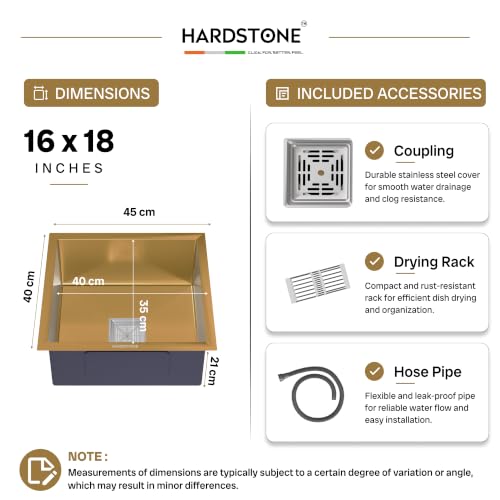 Image of HARDSTONE Premium Kitchen Sink | Single Bowl 16x18x9 Inch | Handmade Heavy Duty Stainless Steel Wash Basin with Matte Gold Finish | Includes Waste Hose Pipe, Coupling & Compact Drying Rack | Gold