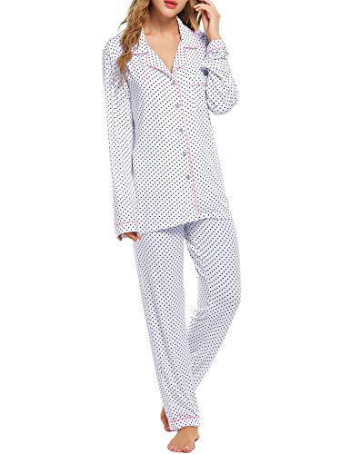 Ekouaer Long Sleeve Button Down PJ Set With Pajama Longs,White With Black Dots,Medium