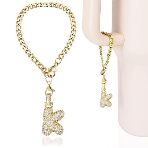 LUHOHI Cup Charms for Stanley Handle- Bubble Letter Charms Accessories for Stanley 40 Oz Tumblers Cute Fat Initial Keychain with Diamond Glitter Jewelry Personalized Water Bottle Decorations K