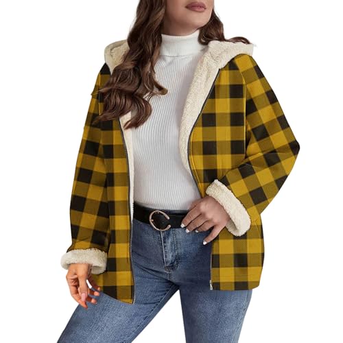 Women Flannel Hoodie Fleece Lined Plaid Jackets Casual Long Sleeve Sherpa Shacket Full Zip Jacket Warm Fuzzy Coat