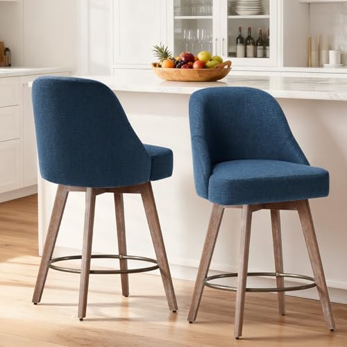 Bekrvio Scandinavian Blue Counter Height Bar Stools Set of 2, Mid-Century Swivel Barstools with Back, Linen Fabric Upholstered Seats and Solid Wood Legs, 65cm Kitchen Island Stools