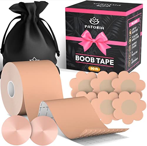 Patoria Boob Tape (20 Ft) Boobytape, Body Tape, Bra Breast Lift Tape, 1 Pair Of Silicone Nipple Covers, 3 Pairs Of Satin Breast Petals (Sizes Aa - D) #TOP7
