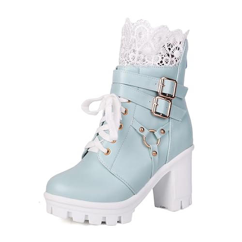 Image of BEAUPAS Women's Gothic Lace Up Platform Ankle Boots Buckles | Buckle Strap, Chunky High Heel, Lace Cuff Top, Platform Combat Boots, Women's Footwear