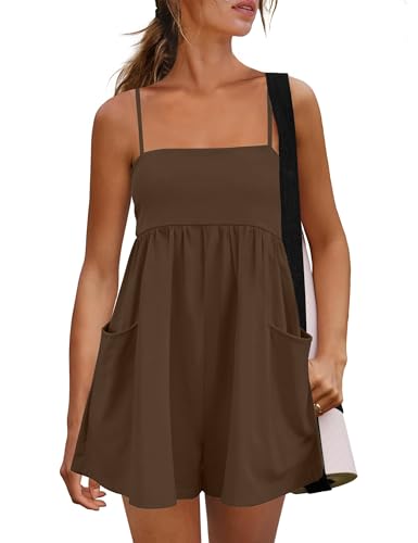 Kumufenc Womens Summer Rompers 2026 Casual Spaghetti Strap Short Jumpsuits with Pockets(Coffee M)