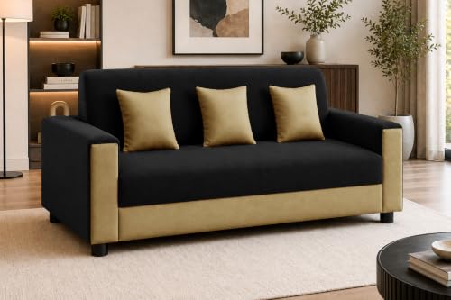 Image of Modern 3 Seater Sofa | Contemporary Upholstered Couch | Premium Cushioned Seating | Stylish Armrest Design | Comfortable Sofa for Living Room, Bedroom & Office - Black + Beige Color
