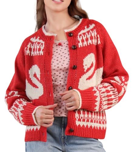 Women’s Oversized Graphic Knit Cardigan – Casual Button Down Sweater