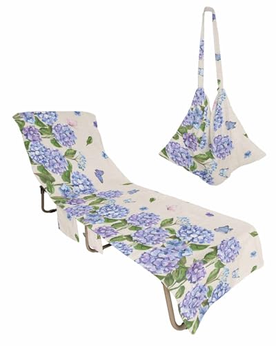 Purple Blue Spring Floral Beach Lounge Chair Towel Cover, Soft Chaise Lounge Towel with Side Pockets Patio Pool Chairs Cover for Beach/Pool Sunbathing 29x85 Farmhouse Summer Botanical