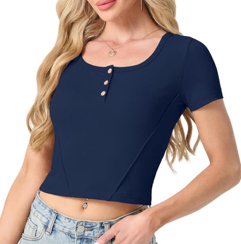 GRECERELLE Crop Summer Tops for Women Girl Henley Collar Crew Neck Casual T Shirts with Buttons, Waist Trimming (Navy Blue, M) - Image 6