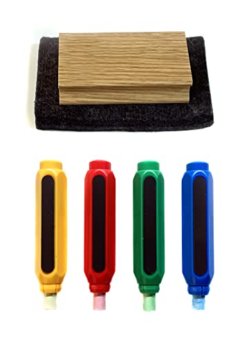 HdHStore / Borrador para Pizarra de Madera y Fieltro/Juego de 4 Porta Tizas de Colores/Set de Cuatro Portatizas Imantados de Muelle/Diámetro 9 mm Cover