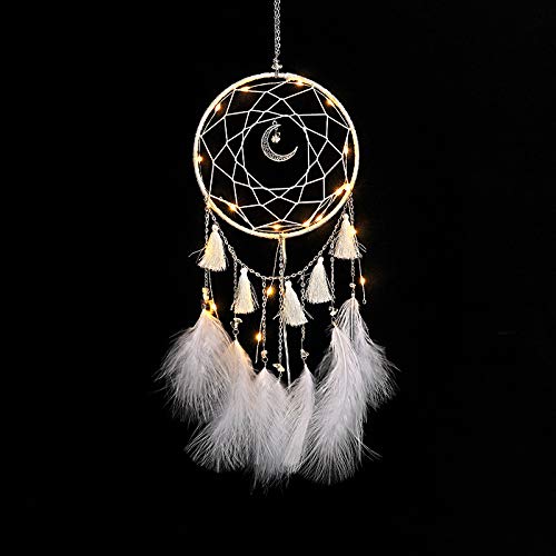 Macrame Wall Hanging with LED Light, Handmade Dream Catcher Woven Wall Tapestry Bohemian Home Decor for Kids Room Wedding Party Ornaments Craft Gifts(White)