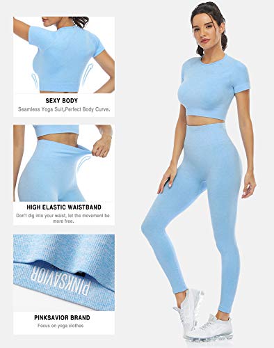Image of PINKSAVIOR Workout Sets for Women Two Piece Outfits Seamless High Waist Leggings Yoga Crop Tops Athletic Sports Gym Sets