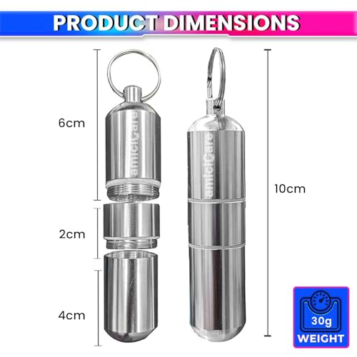 Image of amiciCare Keychain Pill /Cigarette Container, Aluminium Alloy Waterproof Storage Tube for Outdoor Travel with Adjustable Size (Big Single Compartment)