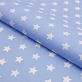 Stoff Meterware Sterne 8 mm - 1 Meter - Für Deko, Kinder, Weihnachten zum Basteln und Nähen (Weiß auf Hellblau)
