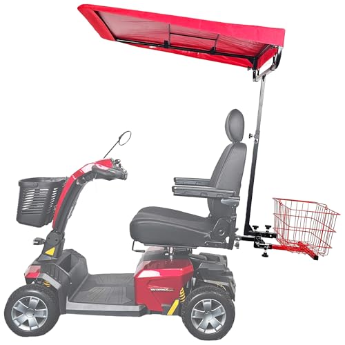 Sunshade Canopy Accessory Bundle for Mobility Scooters – Includes Universal Canopy, Large Rear Storage Basket & Multi-Accessory Mount – Shade, Storage & Versatility On The Go (Red)
