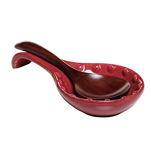 MyGift® Red Ceramic Spoon Rest with Dot Design, Countertop Cooking Spoon and Ladle Holder