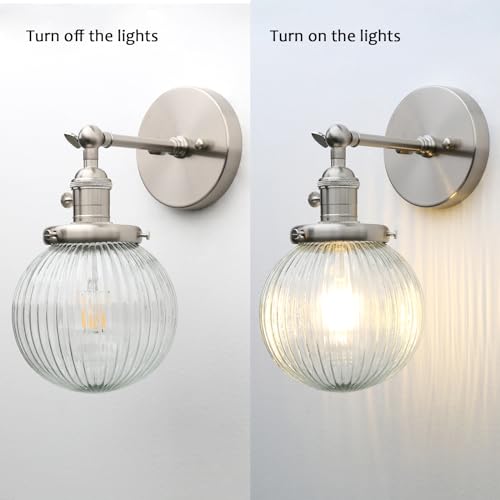 Image of PERMO Sconce with Switch Industrial Gold Wall Sconce Lighting with Ribbed Globe Lampshade (Brushed, 1 Light-Hardwired)