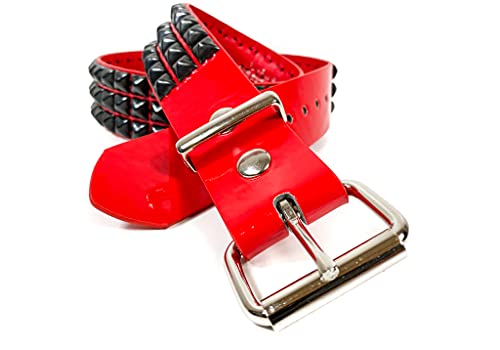 Patent Red Three Row Black Pyramid Stud Belt Vegan Leather Punk Goth Alternative USA Made3