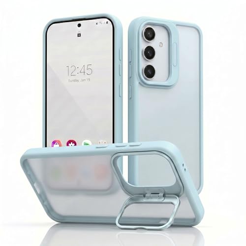 Image of amazon basics Frosted Matte Case for Samsung Galaxy A55 5G | Built-in Flip-Out Camera Lens Stand | Translucent Back with Contrast Blue Bumper | Shockproof Protective Cover with Foldable Kickstand
