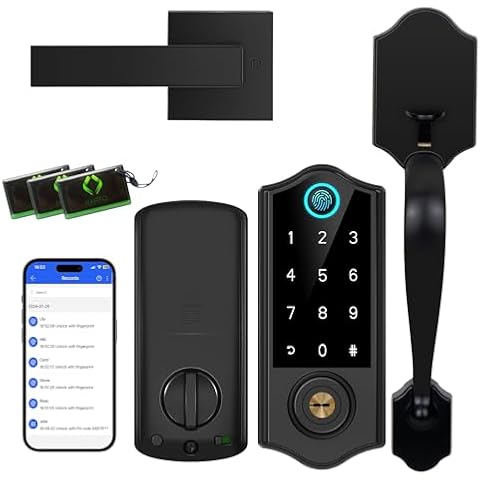 Harfo Fingerprint Smart Door Lock for Front Door with Handle Set, App Control, Keyless Entry Door Lock Keypad Deadbolt, Digital Electronic Touchscreen Front Door Lock Set, Auto Lock, Black Cover