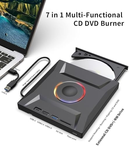 Image of External CD DVD Drive,7 in 1 USB 3.0 and Type-C Disc Reader Writer Burner Player,Slim and Portable CD DVD + /-RW Optical Drive for PC Laptop Desktop MacBook Mac Windows Linux OS Apple