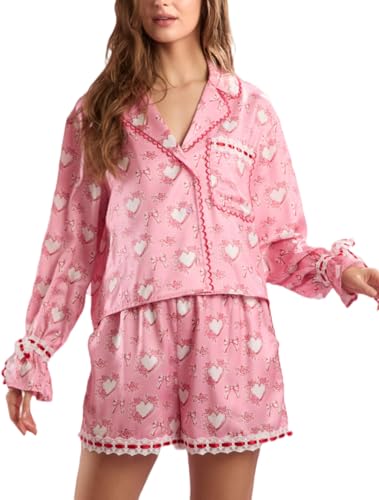 Image of Yiulangde Valentines Heart Bow Pajamas for Women Silk Satin Ruffle Shorts Pjs Tie Front Long Sleeve Shirts Pajamas with Bows