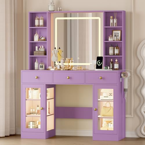 Image of Makeup Vanity Desk with Mirror and Lights, 43 inch Purple Vanity with Glass Top, Jewelry Storage, 3 Drawers & Glass Cabinets, Power Outlet & Adjustable LED Lights, Dressing Table for Women & Girls Bedroom