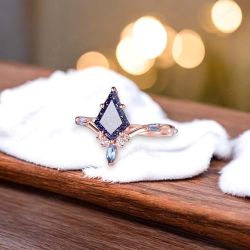 Kite Cut Galaxy Sandstone Engagement Ring 14k Rose Gold Anniversary Jewelry Color Changed Alexandrite Gemstone Ring Diamond Wedding Gift For Bridal4
