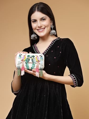 Image of Anekaant Adorn Off White & Multi Embellished Corduroy Clutch | Perfect for Bridal, Festive | Party Purse for Women & Girls