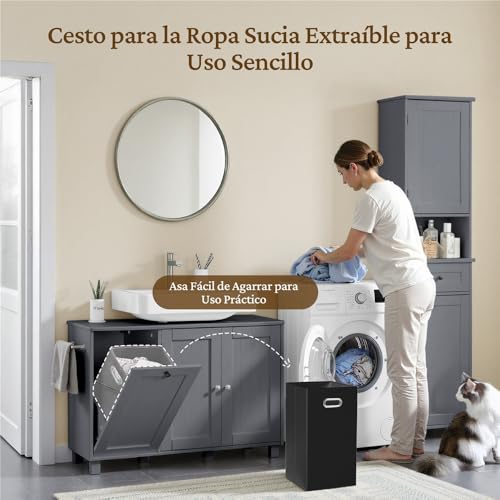 Miniatura 6 de Yaheetech Mueble Bajo Lavabo Con Cestos Para Ropa Sucia Armario De Baño 2 Compartimentos Detrás De La Puerta Con Bolsa Interior Extraíble 90x30x62,5 Cm Gris